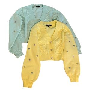 NWT Set of 2 Witty Fox Yellow and Green Long Sleeve Cropped Cardigan Sweaters